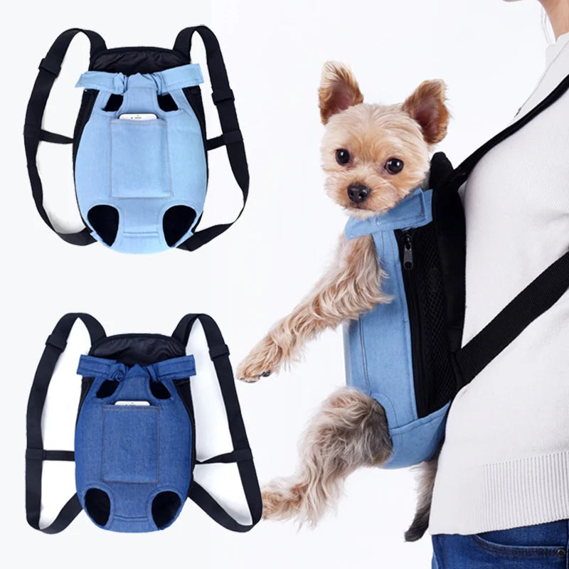 Denim Dog Carrier Backpack – Stylish, durable, and comfortable for pet travel.