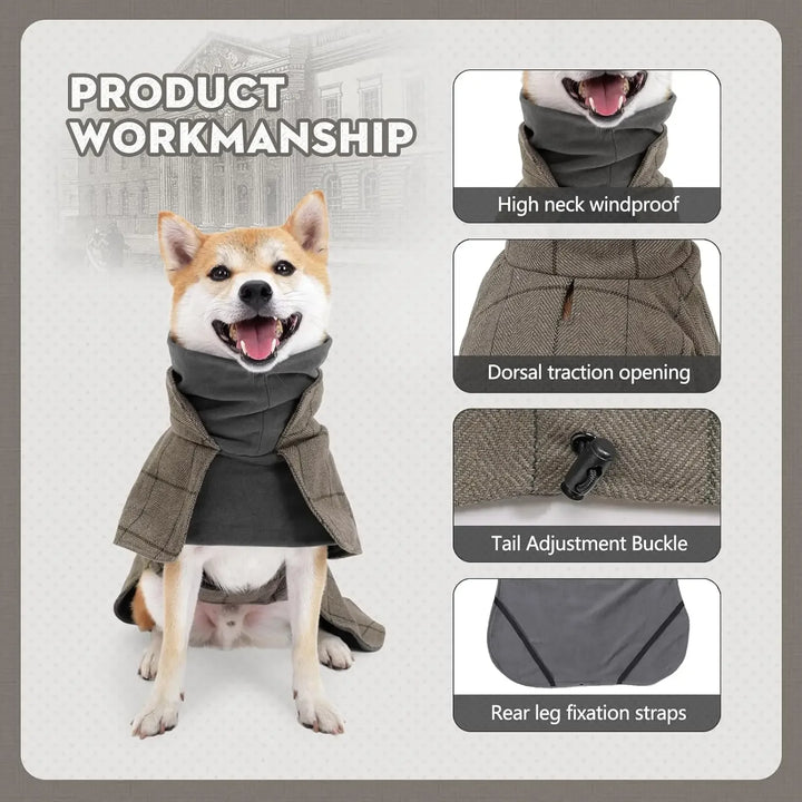 Warm Plaid Dog Coat with Traction Eyelets