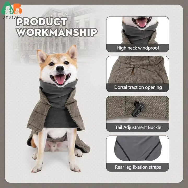 Warm Plaid Dog Coat with Traction Eyelets